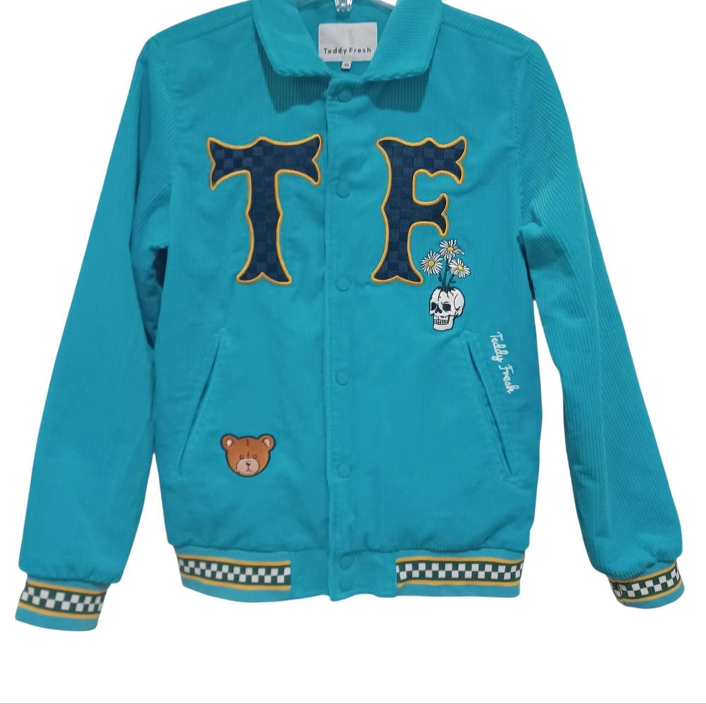 Teddy Fresh Corduroy Baseball Varsity Jacket Coat Women's XS Oversized Teal